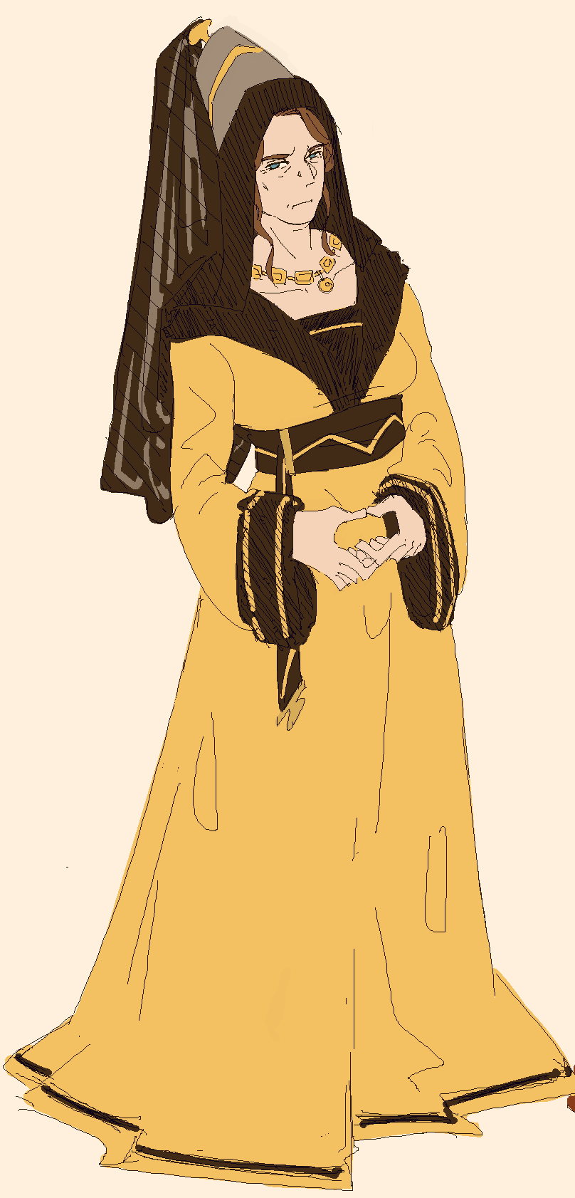 adalina wearing an outfit inspired by 1480's burgundian fashion, consisting of a turret-style headdress with a veil and hood attached, a large neckline, a gown with furred sleeve cuffs, a plunging neckline covered by a furred edge, and a belt.