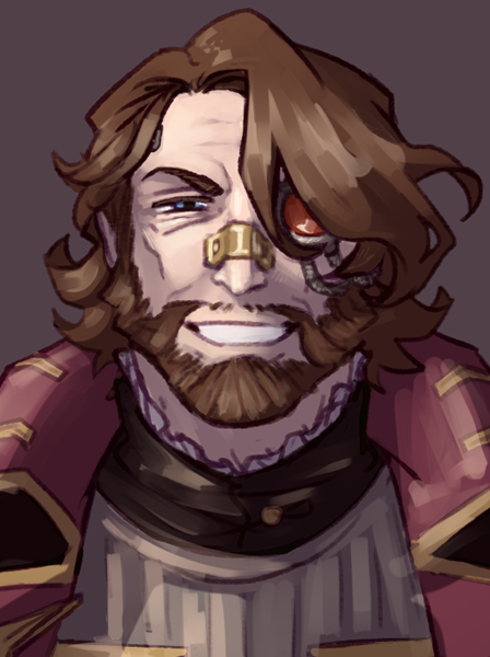 Illustration of Rogue Trader Viktor. Shown with brown hair, blue eyes, with a few augmentics (golden nosebridge plate, bionic left eye, ports on his right temple).