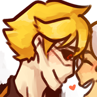 Headshot of Adrian, a Giratina gijinka. Depicted as a pale man with short, messy, gold hair, red eyes with black sclera, and tattoo-like markings on his face.