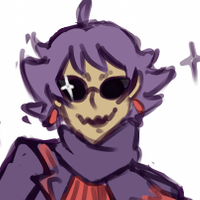 Headshot of a Akira, a Haunter gijinka. Depicted as a tan woman with purple hair and a crooked smile.