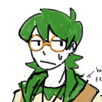 Headshot of Dalandan, a Decidueye gijinka. Depicted as a tan young man sporting a green mullet and orange-rimmed glasses.