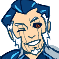 Headshot of a Dialga gijinka. Depicted as a fair-skinned man blue hair, slicked back, with greying sideburns. He also has red eyes and black sclera, and tattoo-like markings on his face.