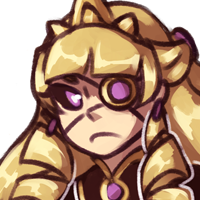 Headshot of Elizabeth, an Aegislash gijinka. Depicted as a pale young woman with long, golden hair, styled in princess-like ringlets. Wears a tiara and sports an eyepatch, making her one purple eye (with black scelra) visible.