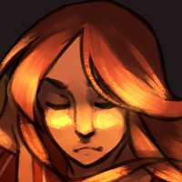 Headshot of Laura. Depicted as a witch with tanned skin and long, orange hair.
