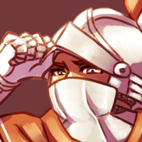 Headshot of Lucia. Depicted as a knight wearing a red-and-white themed regalia, with her face covered by a sallet.