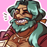 Headshot of Meyer, a Dhelmise gijinka. Depicted as a somewhat tan man with green hair, tied back to a low ponytail. Wears an eyepatch that covers one of his eyes.