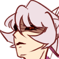 Headshot of a Palkia gijinka. Depicted as a pale woman with pale pink hair tied to a high ponytail, red eyes with black sclera, and tattoo-like markings on her face.