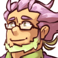 Headshot of Roderick, a Goodra gijinka. Depicted as a stout fair-skinned man with purple hair and light green accents.