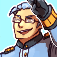 Headshot of Roger, a Swampert gijinka. Depicted as a fair-skinned man with light blue hair, wearing glasses with orange lenses and Swampert-themed shooting earmuffs.