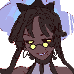 Icon of Mihret in the PKMN AU, as a Chandelure gijinka. Depicted as a dark-skinned woman with black hair styled in a hime-esque fringe of braids, with the rest of her hair styled up to a bun that terminates in a purple flame. She has golden eyes with black sclera, and has a large scar on the left=hand side of her mouth.