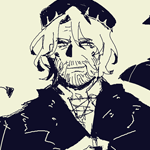 Leftmost: Doodle of Caled standing while holding a drink can in one hand. He has short cropped hair with a side fringe. He is wearing a turtleneck, a short-sleeved button up, and high-waist pants. The doodle is unfinished and contains leftover body sketches underneath. Middle: Torso-up of Viktor smirking. He is wearing a beret with a crown motif, a laced doublet with slashed sleeves, and a black pleated overcoat. He has neck-length hair and a long side fringe and a short beard and mustache. He is holding the overcoat closed. Rightmost: Side-back view of Viktor. He is wearing a black chaperon, a black pleated overcoat and a black doublet with slashed sleeves. He is extending his left arm in a fist. There an arrow pointing to his sleeves with the following text: 'huge pain in the ass to lace up without help (lol)'