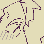 doodles of caled and a doodle of him going 'kyaaa' at a chibi karin wearing a preschool uniform