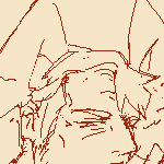 NSFW warning: bunnysuit caled crouching, one hand on his thigh, sucking dick. his own dick is out, hard and leaking