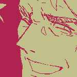 Illustration of Caled leaning his head against his hands on a table, while he stirs a drink with a straw. He is winking at the viewer and smiling.