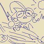 viktor drawn as an orca-type mermaid. a doodle of chibi karin fishing on a boat can be seen in the upper corner.