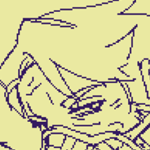 doodle of karin kneeling between caled's legs, who is sitting down, while karin braces herself against his upper thigh with one hand. caled is wearing a muzzle and a leash that karin is pulling back. he can be seen holding onto a leash connecting to a collar and bell that karin is wearing.