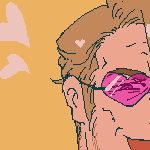 caled winking at the viewer, sunburnt, wearing hot pink heart sunglasses, a luvdisc-themed shirt, and short white shorts. a doodle of karin and caled eating snacks while on a walk can be seen on the side, with the text, 'snacktime'