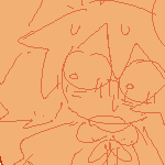 caled smiling and posing with double bunny hand signs. he is wearing a lopunny-themed bunnysuit. karin in a buneary-themed bunnysuit can be seen behind him, looking surprised and flustered, and staring directly at his behind