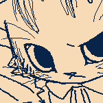 Hunter Viktor holding Palico Karin up in the air. Karin is wearing the Lala Barina Felyne armor set. Viktor is 'Kyaaa-'-ing at Karin, who looks embarassed.