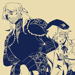 Doodle of Eilhart and Piper. Piper is smiling, extending his hand while his other arm is behind his back. Eilhart is standing being Piper, hands behind his back. Eilhart is an Aasimar depicted with mid-length hair tied in a half ponytail, a long fringe pushed to the side, and stubble. He is wearing full black Greenwich-styled armor, sans the helmet, with some decorative markings. Piper is a Yuan-ti pureblood depicted with short nape-length hair with a side fringe, and has random patches on scales on his face and arms. He is wearing a beret with a diamond-shaped pin and a  pair of glasses with a chain. His outfit consists of a dress shirt with rolled up sleeves and a ribbon tie and a vest, a half cape that covers his extended arm, and black pants.