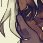 NSFW Warning. Eilhart depicted dazed and in pain. He has shoulder-length whitish-gray hair tied in a half ponytail, dark skin, golden eyes, and whitish-grey stubble. An off-screen anonymous person is holding his face in one hand, while the other is plucking out one of his eyeballs. Text pointing to Eilhart says 'heavily sedated'