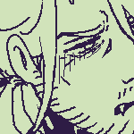 Kindred Eilhart kneeling, hands behind his back. A disembodied hand is tugging on his cross necklace, making him slightly hunch forward. He looks flustered.