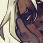 NSFW Warning. Eilhart depicted dazed and in pain. He has shoulder-length whitish-gray hair tied in a half ponytail, dark skin, golden eyes, and whitish-grey stubble. He is panting in pain. An off-screen anonymous person is holding his face in one hand, while the other hand his detached eyeball. Text pointing to Eilhart says 'heavily sedated.'