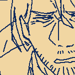 doodles of kindred eilhart. first doodle has him looking frazzled, his hands clasped together with a rosary around them. he says, 'h-hey...' second doodle has him flinching back, a disembodied hand wiping blood off from a cut on its thumb on eil's bottom lips. eilhart is panicking, warning the disembodied hand from continuing. he says, 'wha— d-don't!!'