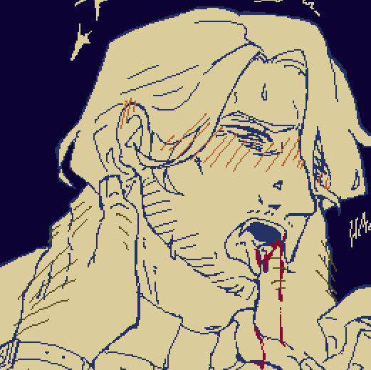 drawing of kindred eilhart standing while licking a bloodied thumb in his mouth, implied to be viktor's. viktor (unseen by the viewer as he is depicted as a set of diembodied arms) is caressing eilhart's head with one hand, while pushing his thumb into eilhart's mouth and piercing his thumb with one of eilhart's fangs with the other. eilhart is seen grasping the other man's wrist, while his other hand is holding onto his jacket, pulling it off himself halfway. eilhart looks like he's getting off to the situation.