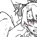 NSFW Warning. eil getting penetrated full nelson-style. it's implied that he's already cum once, begging the other party: 'n-no more -- !!'