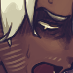 NSFW Warning. Eilhart depicted hunched over and in pain. He has shoulder-length whitish-gray hair tied in a half ponytail, dark skin, golden eyes, and whitish-grey stubble. An off-screen anonymous person is holding his head while digging their thumb into his empty eyesocket. It is bleeding. Eil is grasping the anonymous person's arm with both of his hands. Eil's dialogue says 'Stop—!'.