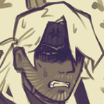 eil, irritated and gritting his teeth while grabbing an anon's head while he tells them to 'stop'. He is wearing a modified cassock with clear-panelled sleeves, and opera-length gloves underneath. the underside of his arm and armpit is somewhat visible from the anon's perspective. he is has a rifle slung on his other shoulder, and a handgun holstered on his thigh.