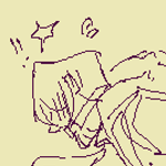 NSFW warning. kindred eilhart tied up, belly down. wearing a spider gag, arms tied behind his back, thighs spread apart while his legs are bent back and held apart by a spreader bar. a bunch of used condoms are on his lower half, fully exposed except for his shoes+socks. his upper half is still wearing his jacket and shirt. his cock and asshole is visible, with cum leaking from the latter. a doodle below shows him with his arms tied to the sides of his legs instead.