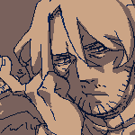 kindred eilhart sitting on a bench, legs crossed, one arm resting on his thigh while his face rests on his hand. he is holding a lit cigarette in the raised hand, and a can of coffee in the other. he is illuminated by an unseen street lamp.