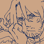 kindred eilhart sitting on a bench, legs crossed, one arm resting on his thigh while his face rests on his hand. he is holding a lit cigarette in the raised hand, and a can of coffee in the other.