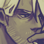 Monochrome illustration of Eilhart smoking while looking morose. His hair is tied in a low ponytail and he is wearing a parka with a fur hood, a button-up shirt, and a cross necklace.