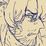 Side profile of Eilhart with cat ears, hissing, angry. A doodle of him as an angry tuxedo cat is also shown.