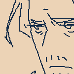 MS paint doodle of Eilhart. He is standing with his hands in his jacket pockets. He has his hair tied back into a low ponytail with his bangs neatly swept to the side. He is wearing a button up with a black tie and a tie clip, black pants, and a large jacket. Text next to him says 'Keeps a suit jacket in his car but rarely uses it. In-office outfit is just a bog standard white button up + necktie. sometimes (wears) a bolo tie. Jacket only for outdoors'