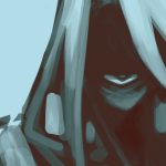 Illustration of Eilhart. He is standing while holding an axe in one hand, other hand in his jacket pocket. He is heavily shadowed, obscuring his face and body. He also has blood splatters on his jacket, shirt, and face.