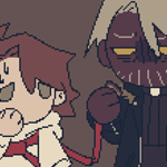 (vtm au) chibi eilhart getting irritated at chibi theo, who is wearing a child leash that's being held by eil. theo appears to be hungry.