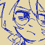 headshot of karin scowling. she has her hair tied in messy low braided pigtails, while wearing her round glasses, a dress shirt, a necktie, and a sweatervest.