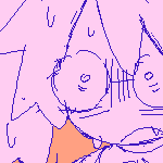 karin in a buneary-themed bunnysuit, standing dumbfounded, with a kitchen knife in one hand