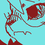 Illustration of Beastren Karin, drawn in MS Paint. It is a bust of her pouting, facing to the left. The illustration is monochrome, using dark red with a light cyan as the accent color.  She is depicted as an anthromorphic cat, with M-shaped bangs and a low braided ponytail. She is wearing round glasses. She is wearing the Noble Jacket from Dragon's Dogma 2, which consists of a doublet decorated with plenty of gold trim and red slashed accents. 