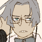 illustration of an oc named alexis grant, nicknamed 'shift'. depicted as bespectacled man with medium-length choppy hair, glasses, an open shirt and a zip-up turtleneck. he is wearing earphones.