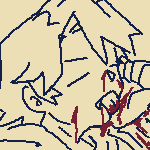 theo crouching while idly licking blood off his hands.