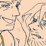 Suggestive Warning. caled and eilhart wearing golden bikinis, with caled sitting on eilhart's lap while one of eilhart's legs is hooked up over caled's shoulder. 