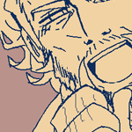 Viktor wearing a school uniform. He has his fist in front of his face, as if he were holding something in his hand. He has his mouth open in a provocative way, as if to mimic a blowjob pose. Eilhart is in the corner, also wearing a school uniform, looking away ashamed (of Viktor) while covering his face.