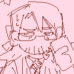 torso-up doodle of eilhart wearing a schoolgirl uniform, consisting of a blazer, a sweatervest, and a dress shirt with a necktie on. he has his hair up in a half ponytail, with a clip bow holding it up. he is wearing glasses, and looks irritated as he sits down on his desk, writing notes on a notebook. text says, 'hunches if he's alone.' a deformed doodle of him and viktor (both wearing schoolgirl outfits) standing side by side is also present. viktor is yapping eil's ear off, while eil stays silent, looking disgruntled. a note pointing to both of them say that the two are members of the HEMA club.