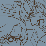 viktor and eil hiding behind a bookshelf, both wearing schoolgirl uniforms, skirts hiked up to frot against each other. eil is pressed against the shelf while viktor hovers over him, caging him to against it. another pair of students appear to be talking near them, unaware of their presence. eil appears to be somewhat stressed out by the situation, fearing the possibility of getting caught. viktor appears amused by it.