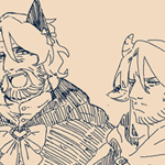 viktor wearing a black cat-themed outfit, while eilhart wears a cow-themed outfit. viktor looks amused, while eil looks disgruntled.